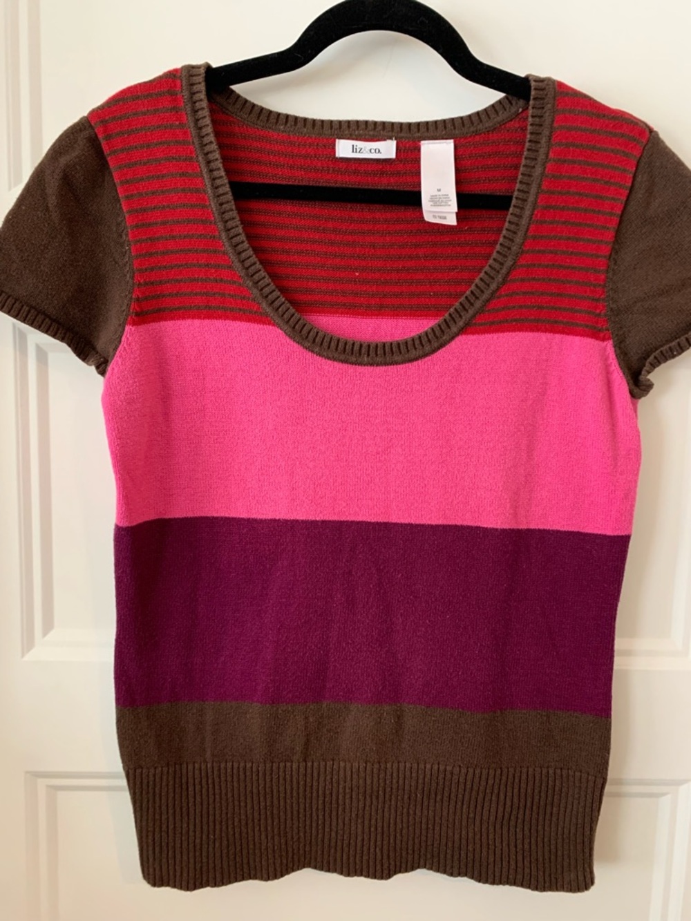 Liz & Co. Colorblock Stripe Short Sleeve all cotton knitted - Pink, Berry, Brown